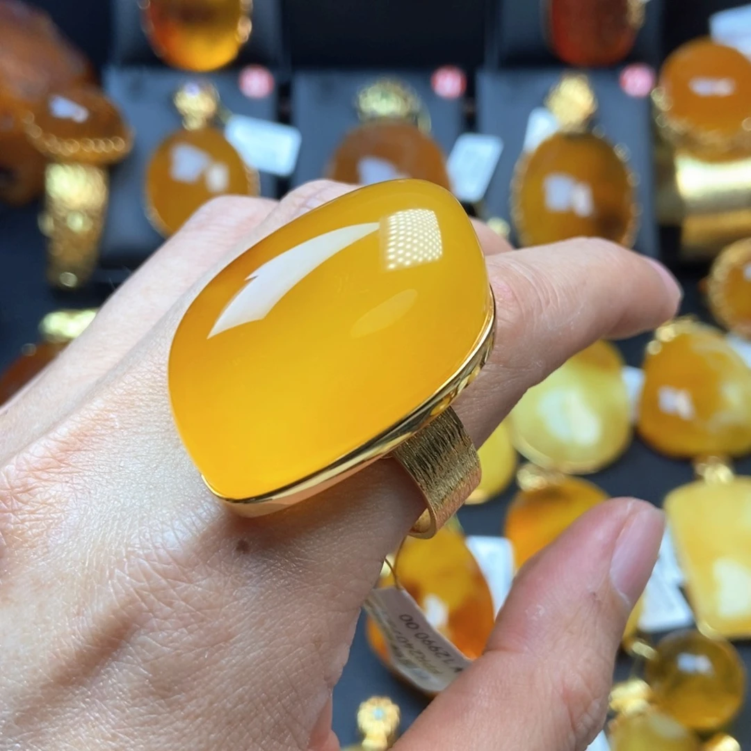 琥珀戒指银S925镀金镶嵌