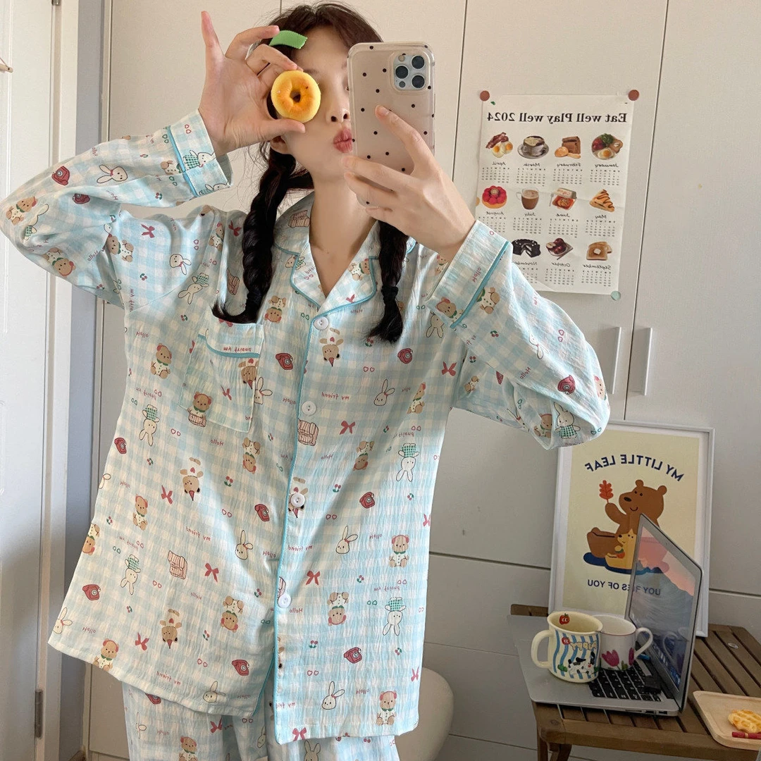 【蓝格兔子】婴儿棉感泡泡纱布女睡衣2025新款春夏薄款开衫家居服