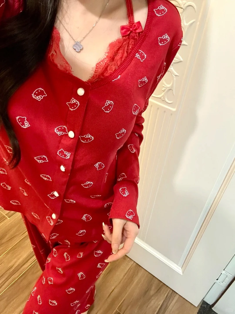 【红色蕾丝kitty】贵气红带胸垫睡衣女套装2025春款新款纯欲家居服