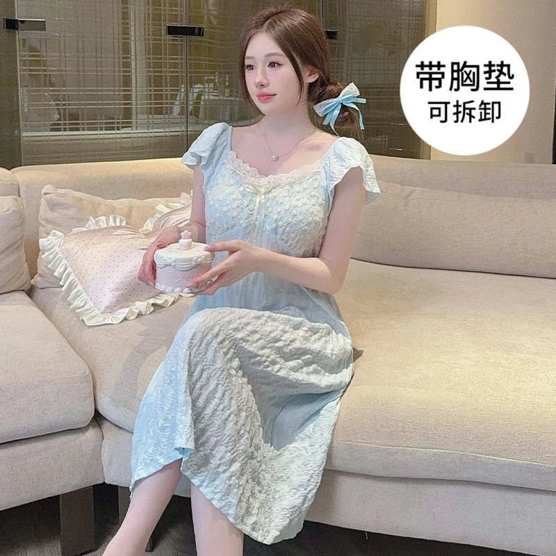2025夏季新款云朵棉睡衣少女可爱卡通家居服大码带胸垫睡裙蝴蝶结