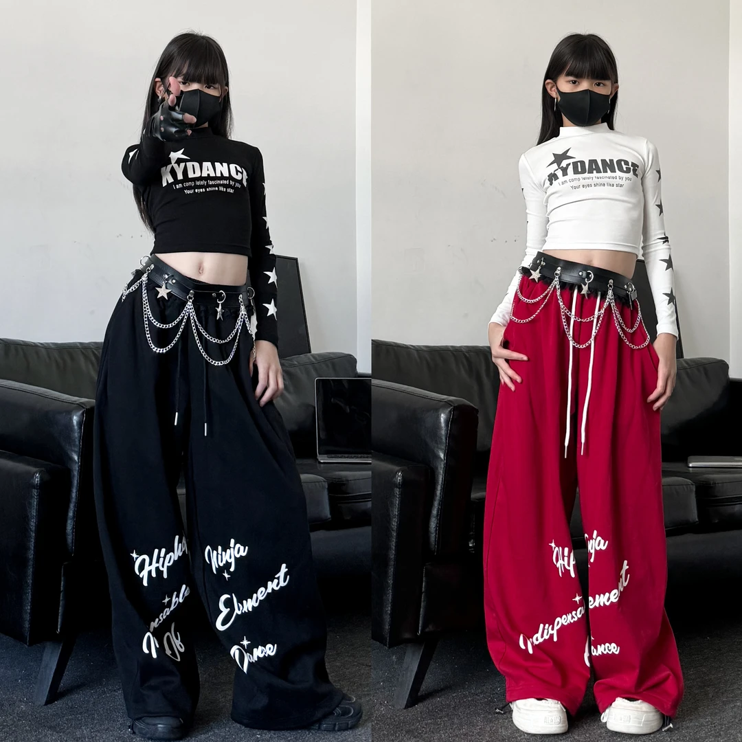 秋季新款童装潮酷女童修身露背长袖织带裤子少儿爵士舞女团套装