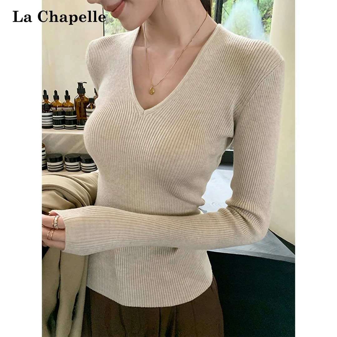 La Chapelle/拉夏贝尔纯色v领针织秋冬新款毛衣修身显瘦百搭上衣
