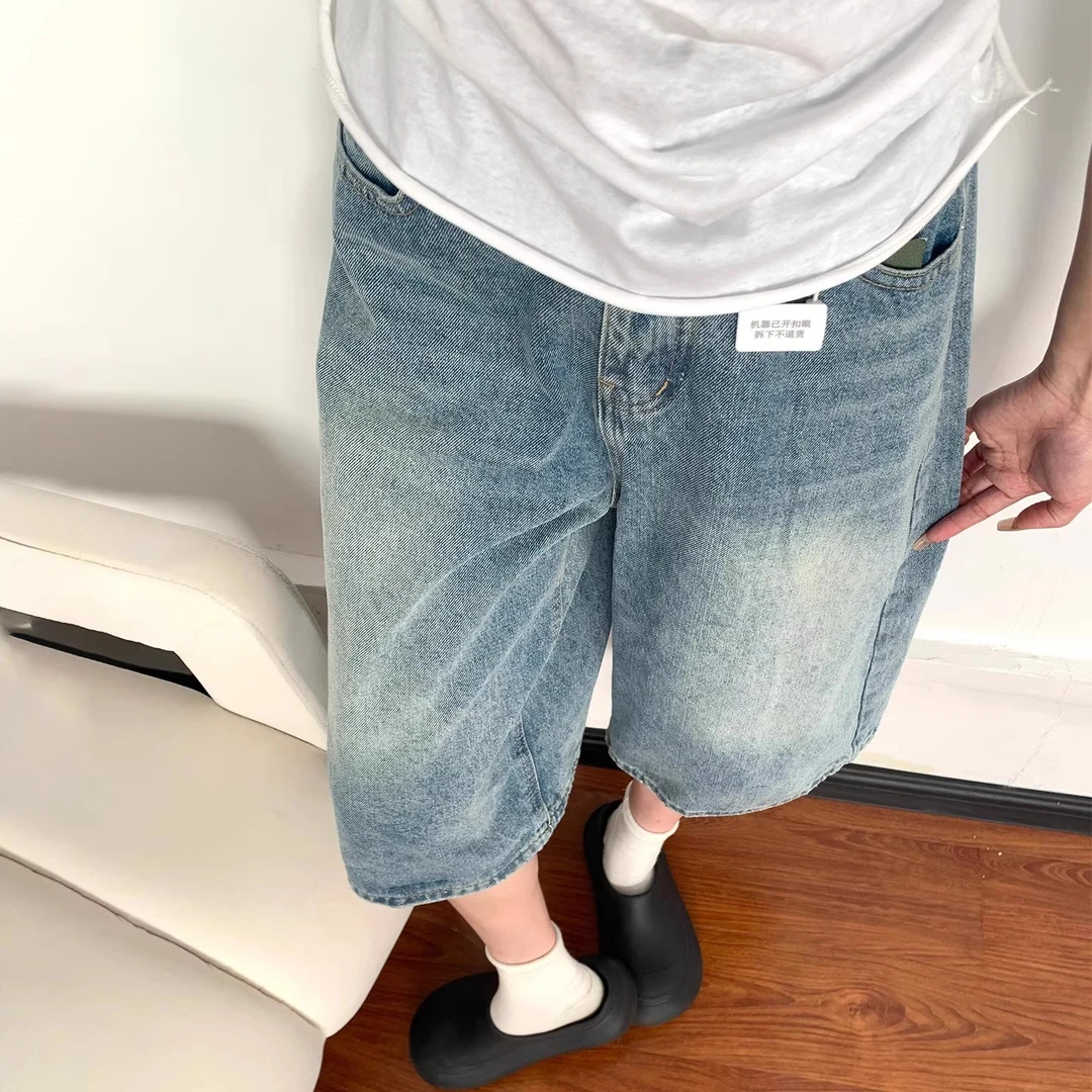大码复古阔腿七分牛仔裤女夏季胖mm宽松显瘦梨型身材高腰直筒裤子