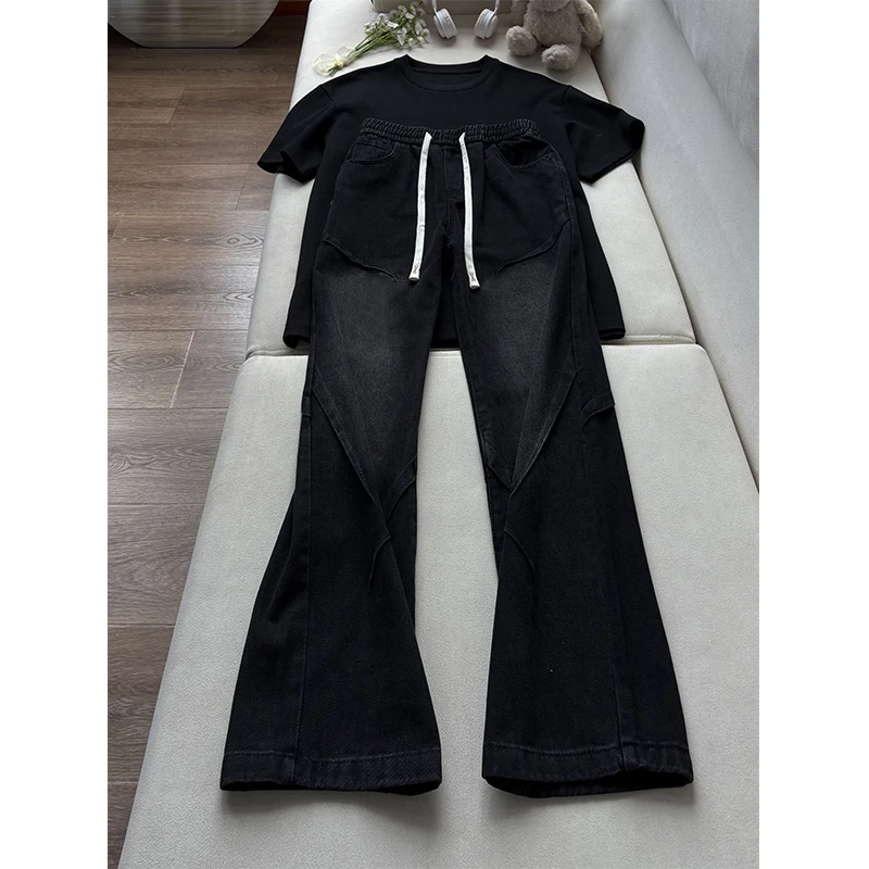 美式复古解构风裤子男款夏季抽绳松紧腰牛仔裤褶皱水洗做旧直筒裤