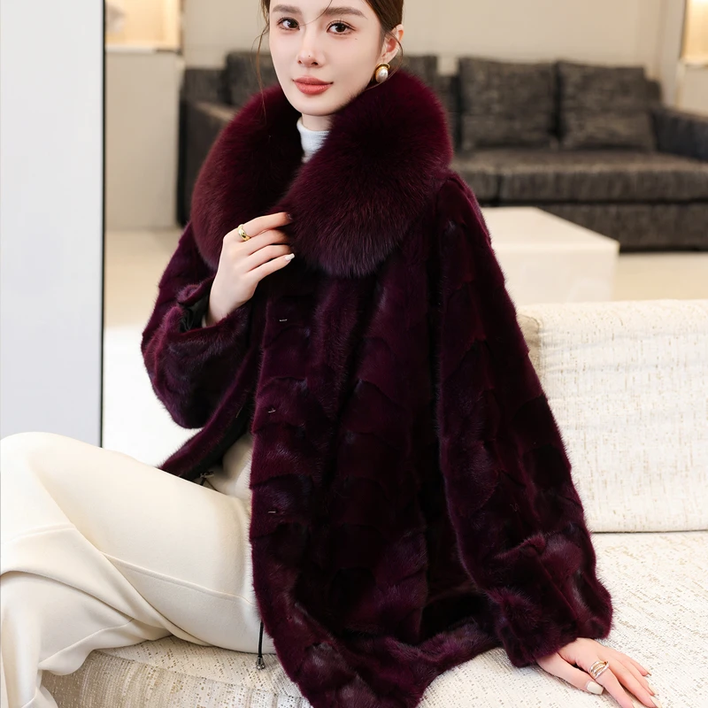 中老年妈妈月牙水貂毛狐狸毛领貂皮大衣新款皮草外套宽松中长款冬