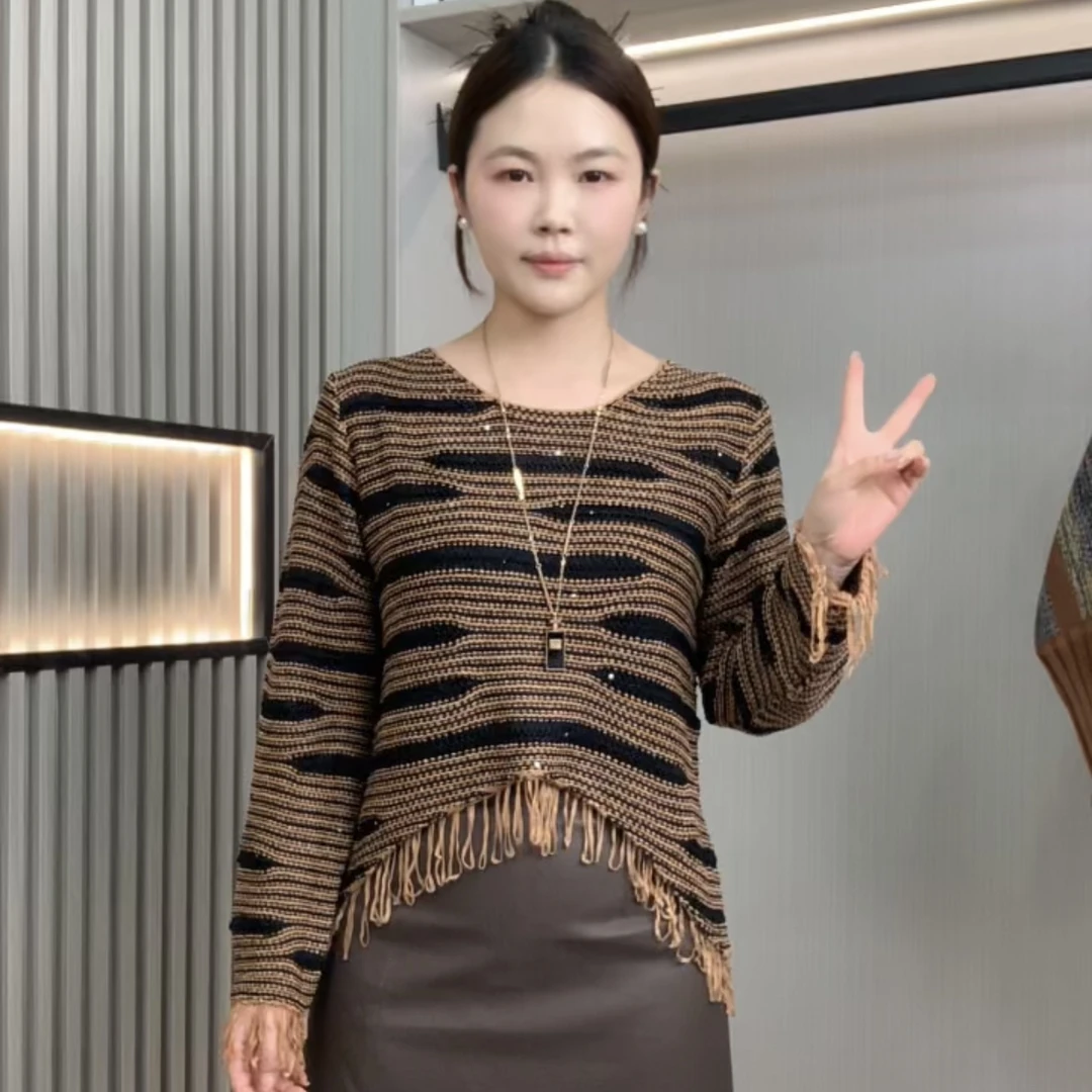 条纹圆领长袖针织女秋季毛针织衫网红宽松打底衫拼接