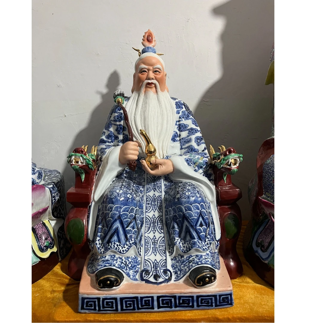 太上老君景德镇陶瓷手工青花坐椅道德天尊中式古典老子论经摆件