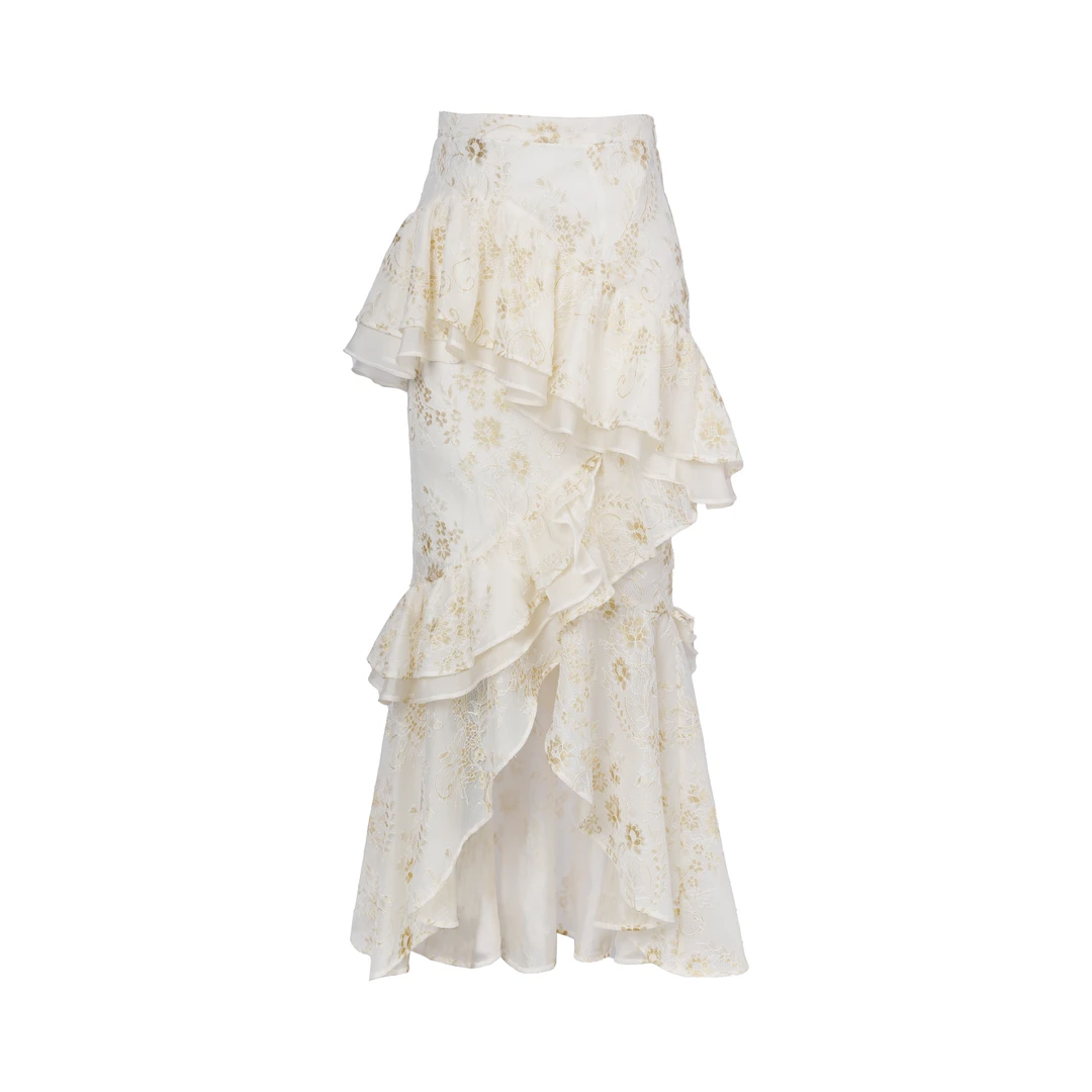 【折扣号专属】JUNYANG杨君 醉花茵金色手工蕾丝荷叶边鱼尾半裙