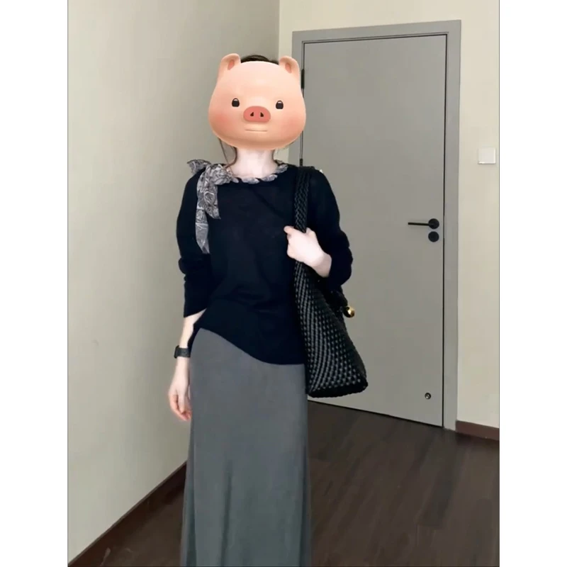 2025秋季新款法式气质圆领花边长袖毛衣上衣百搭高腰显瘦半身裙