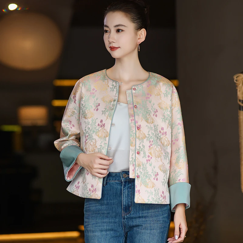 【春和景明】粉色减龄新中式圆领织锦提花2025秋款国风休闲外套女