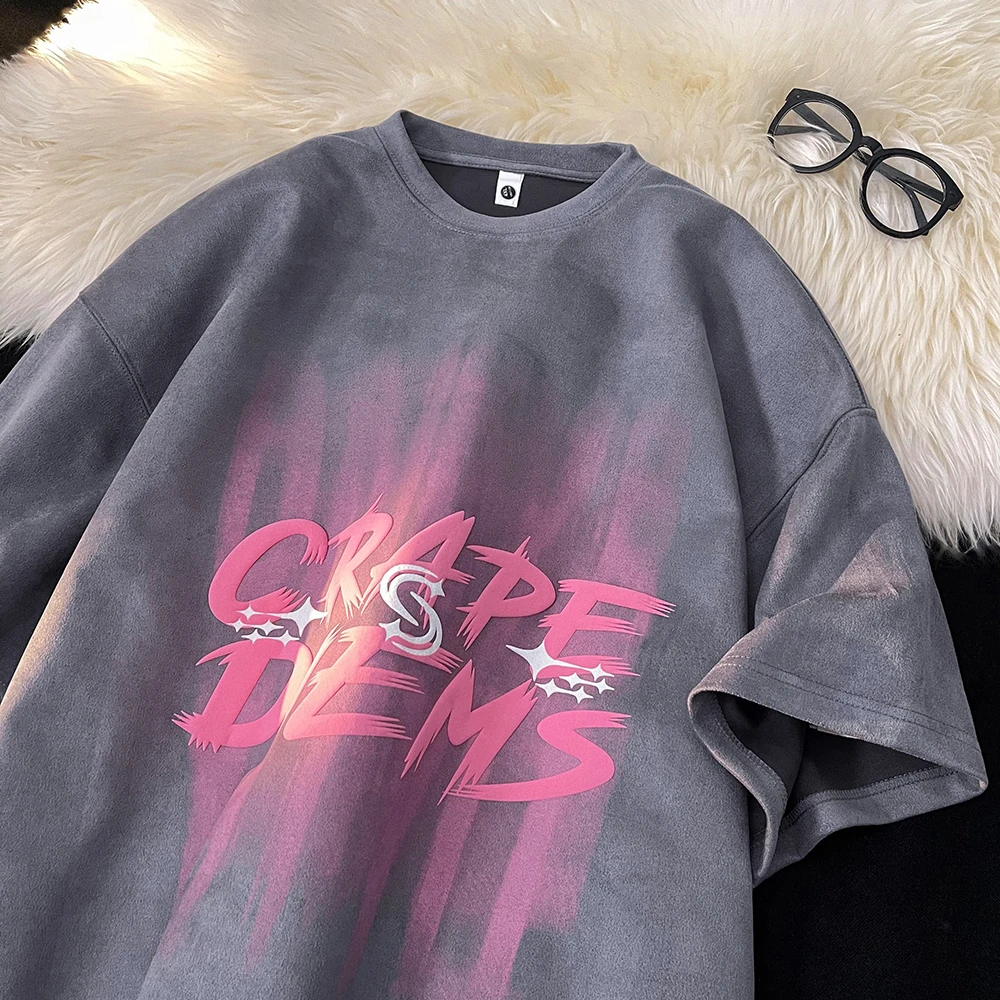 重磅发泡印花短袖t恤男夏季新款潮牌青少年宽松仿麂皮绒半袖体恤