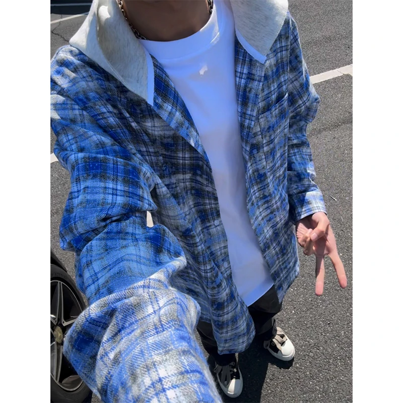扎染连帽格子衬衫男女春季新款慵懒风高级感长袖衬衣宽松情侣外套