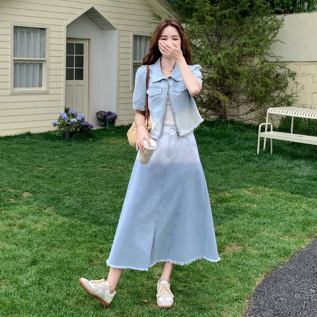 夏季ootd穿搭渐变牛仔套装裙女超好看设计感开衫上衣半身裙两件套