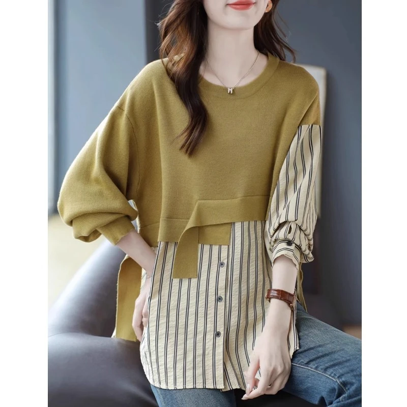 SS2226条纹假两件衬衫女春秋款轻奢高级感衬衣大码胖mm长袖上衣