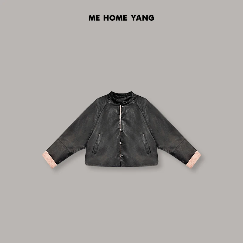 ME【桃之夭夭】黑色2025早春新款袖口暗纹显瘦百搭真皮皮衣MEQS0616
