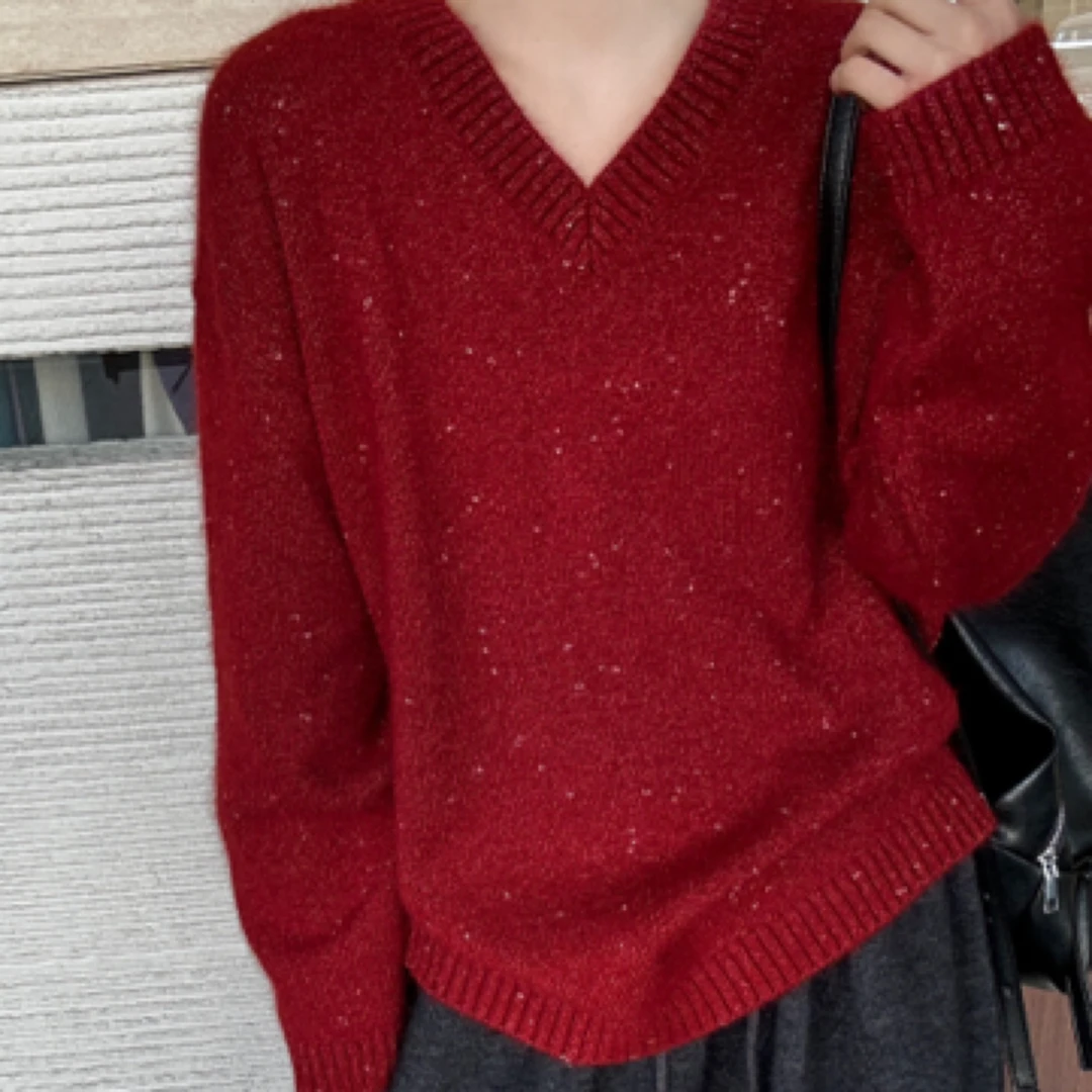 V领星空亮片宽松套头绒毛衣女韩版冬季新保暖时髦针织衫