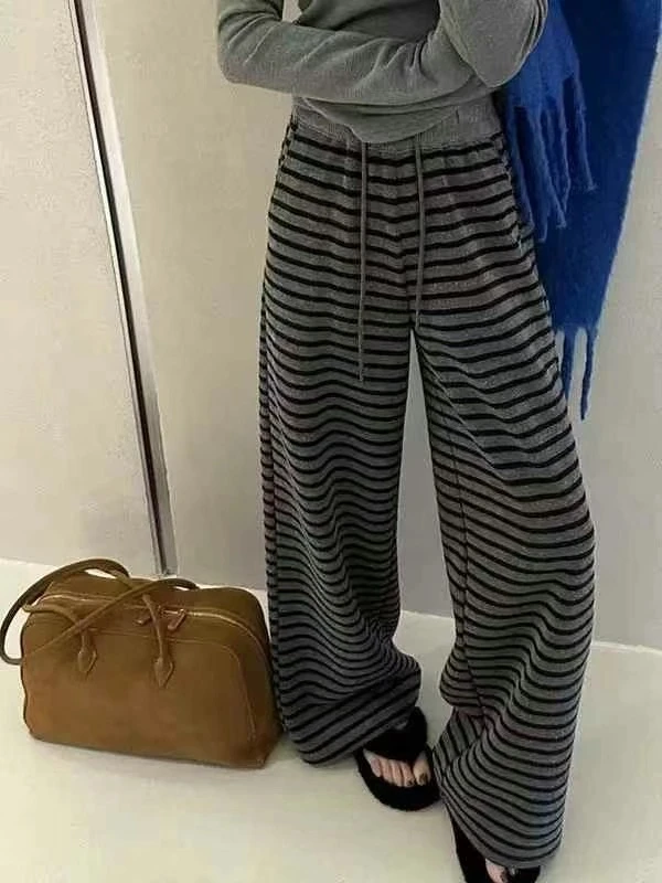春款慵懒感撞色灰色条纹休闲阔腿裤