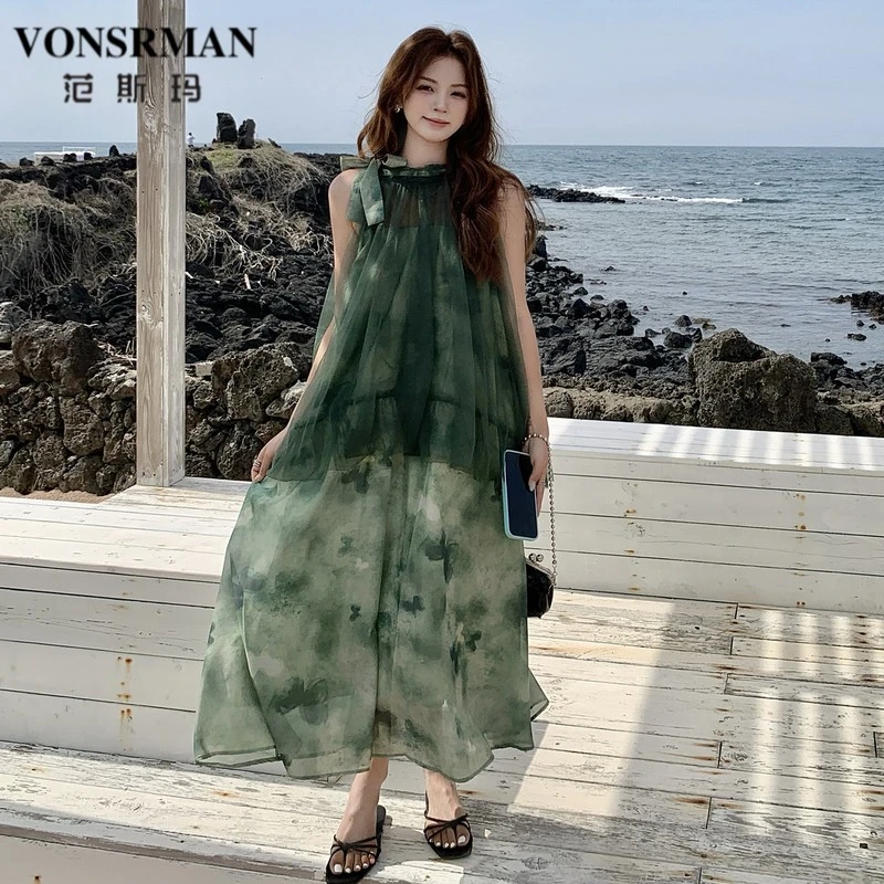 浪漫海边度假连衣裙女夏2025新款绝美法式假两件网纱拼接碎花长裙