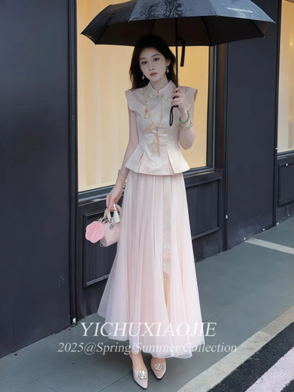 新中式复古气质立领收腰短袖上衣女夏季新款网纱高腰蓬蓬裙两件套