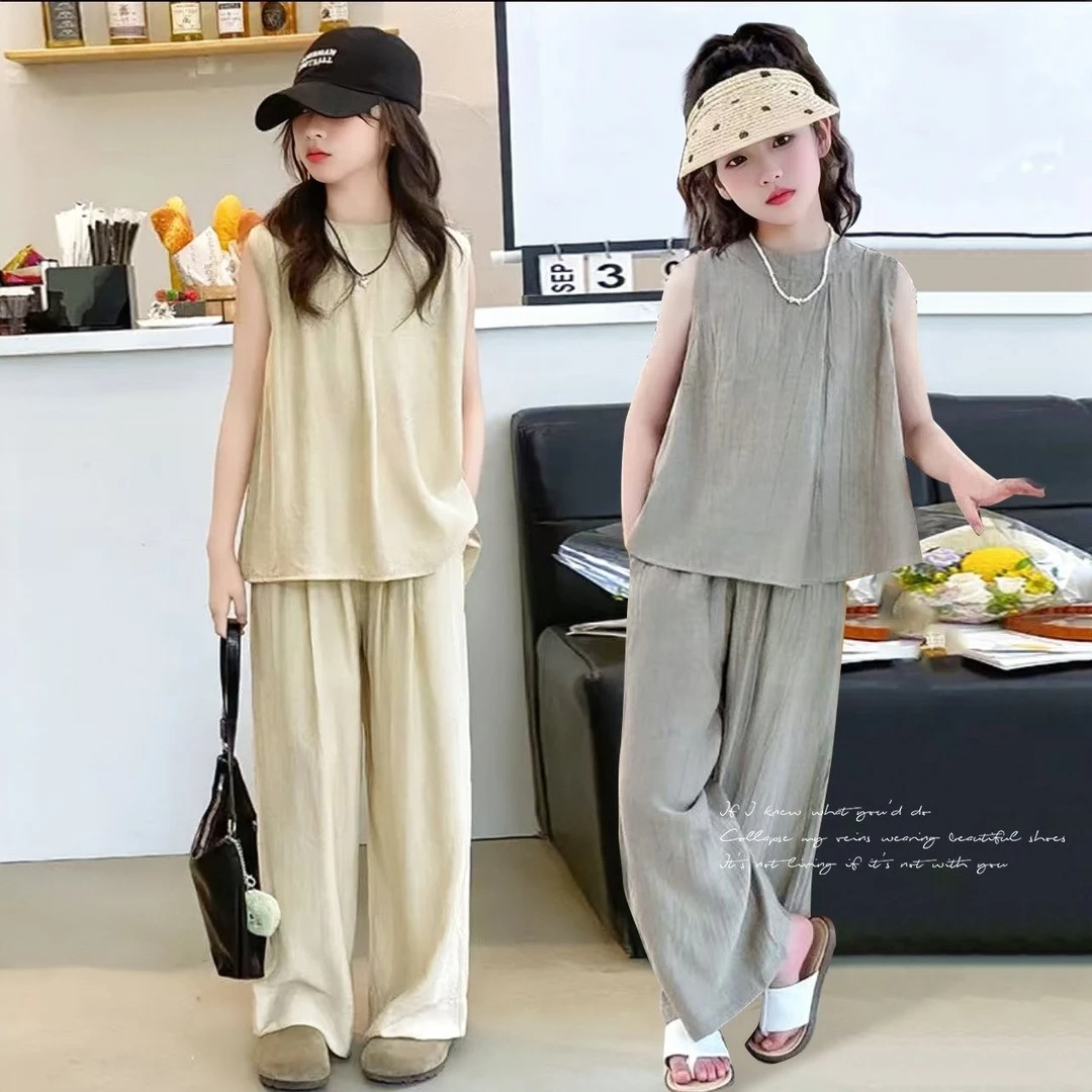 AAA女童无袖夏季套装2025新款洋气薄款无袖慵懒风阔腿裤两件套