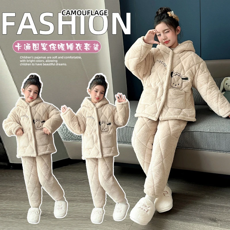 女童睡衣冬季加绒加厚法兰绒连帽套装小女孩保暖大童珊瑚绒家居服