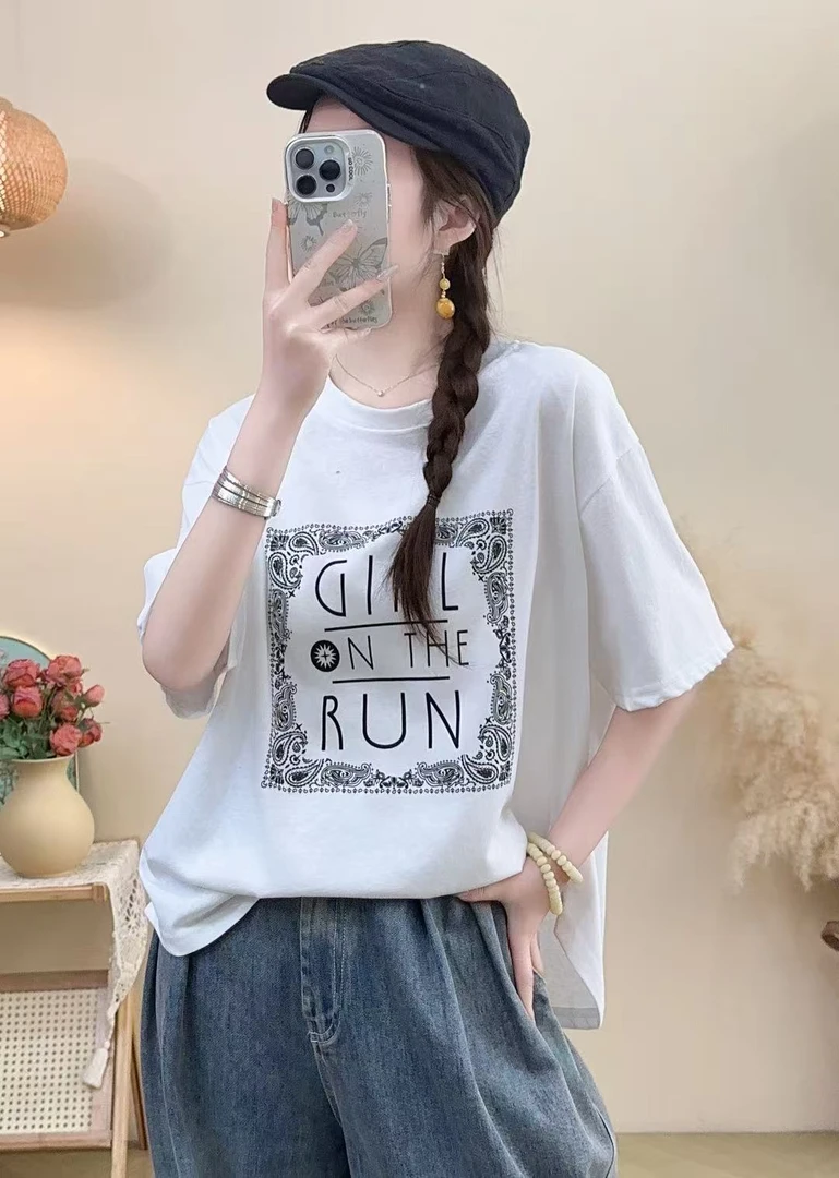 媄澜新款复古字母印花短袖T恤女夏季休闲百搭宽松母亲节洋气衣服
