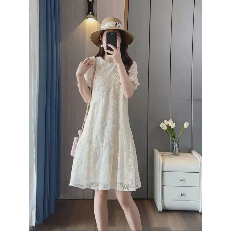 胖mm高级感重工蕾丝短袖连衣裙女夏季新款镂空时尚小众显瘦A字裙