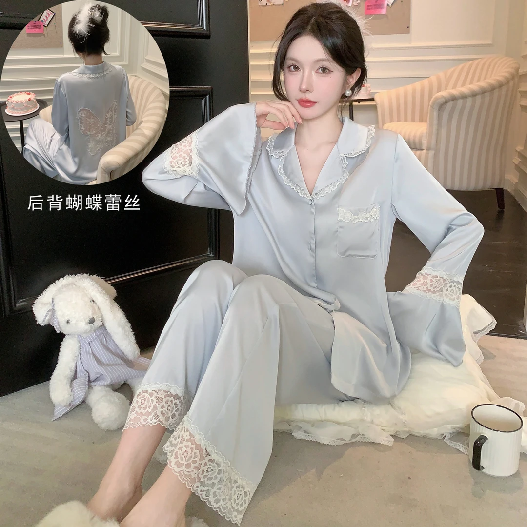 法式睡衣套装新品春秋喇叭袖长裤冰丝套装甜美公主风秋季家居服女