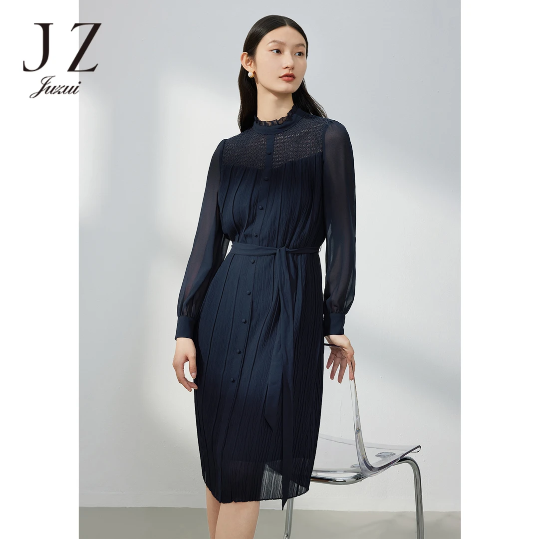 【婷婷专属】玖姿JTDC50009蕾丝拼接雪纺腰带收腰连衣裙女春季新