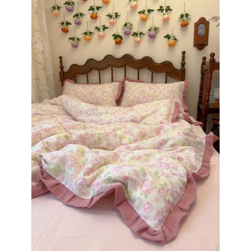 花边款-2025新款全棉双层纱四件套ins风居家四件套全棉宿舍用