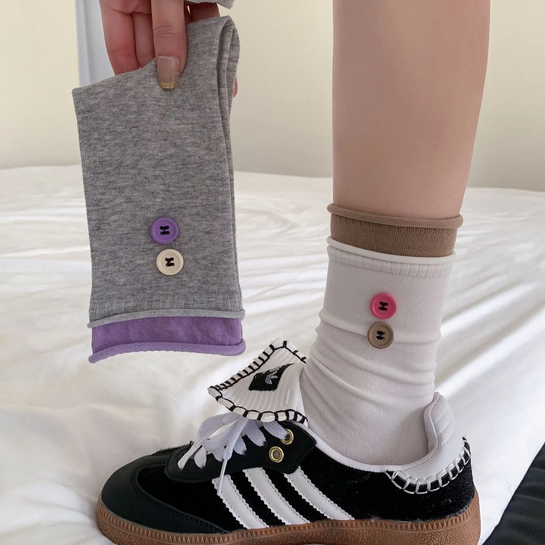 双层卷边罗口袜子女秋季ins撞色纽扣潮流搭德训鞋堆堆袜中筒袜