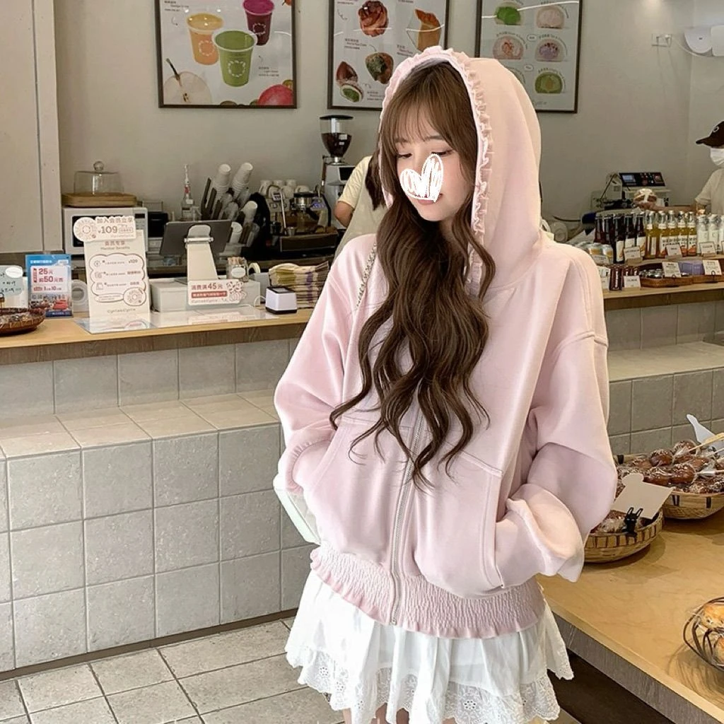 粉色木耳边连帽卫衣外套秋季新款设计感小众甜美宽松百搭拉链上衣