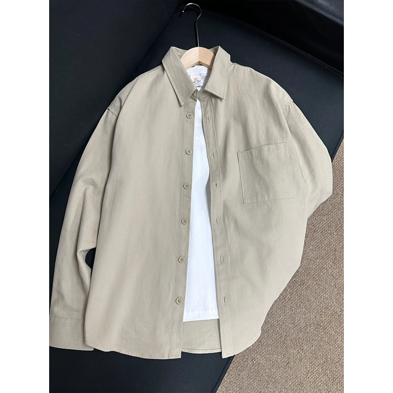 日系浅卡其色工装衬衫男款春季新款长袖衬衣休闲cityboy情侣外套