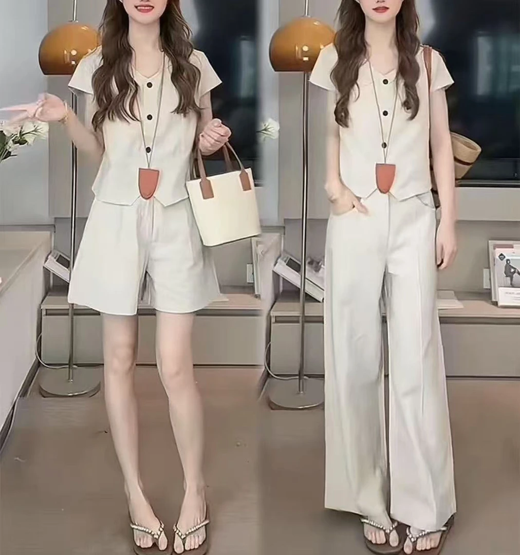 （鑫鑫专属）2025夏季洋气减龄短袖阔腿裤设计感套装女时尚百搭