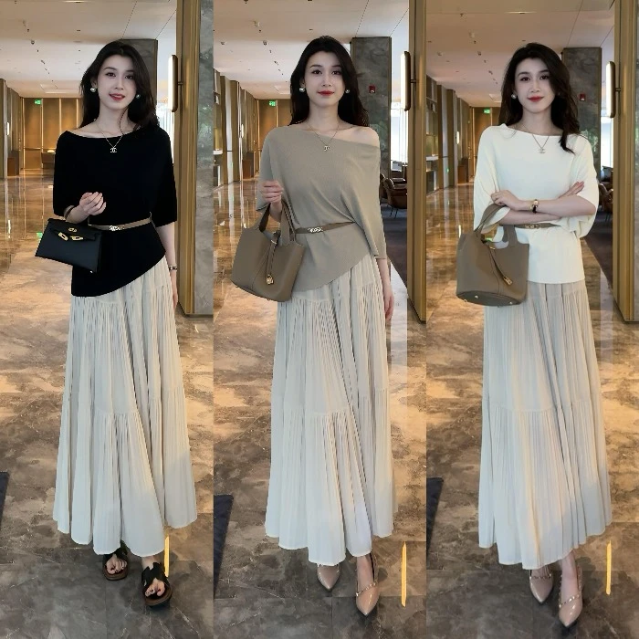 夏季新款法式气质温柔通勤斜肩上衣搭浅色高腰半身裙两件套女