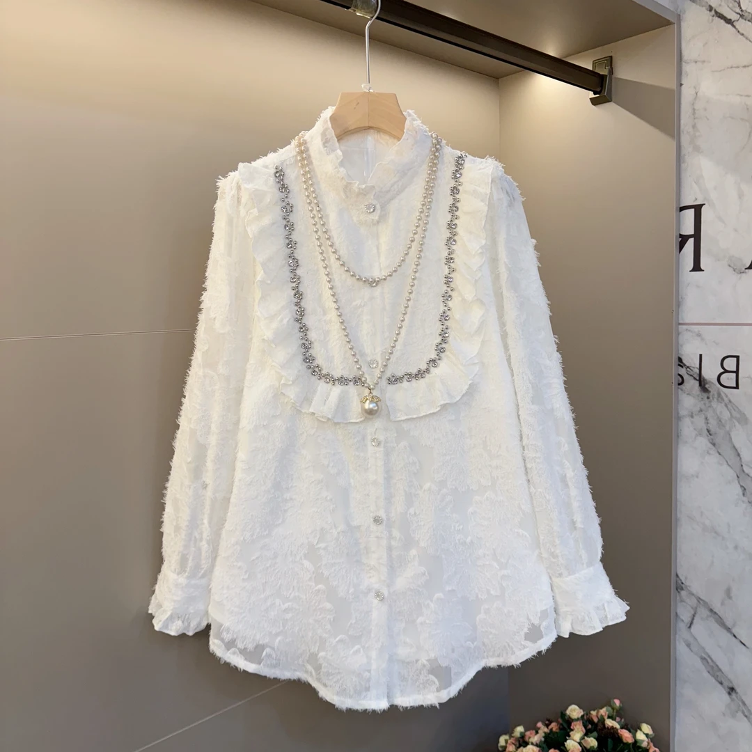 新款立领花边重工拼接提花款2025大码女装显瘦洋气时尚上衣