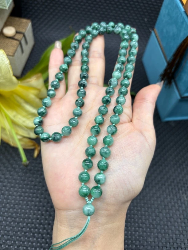 福利款天然A货缅甸翡翠飘花圆珠7mm绿色玉石挂件绳项链毛衣链长链