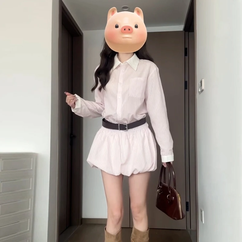韩系粉色条纹衬衫连衣裙子女春夏季2025新款小个子高级感花苞短裙
