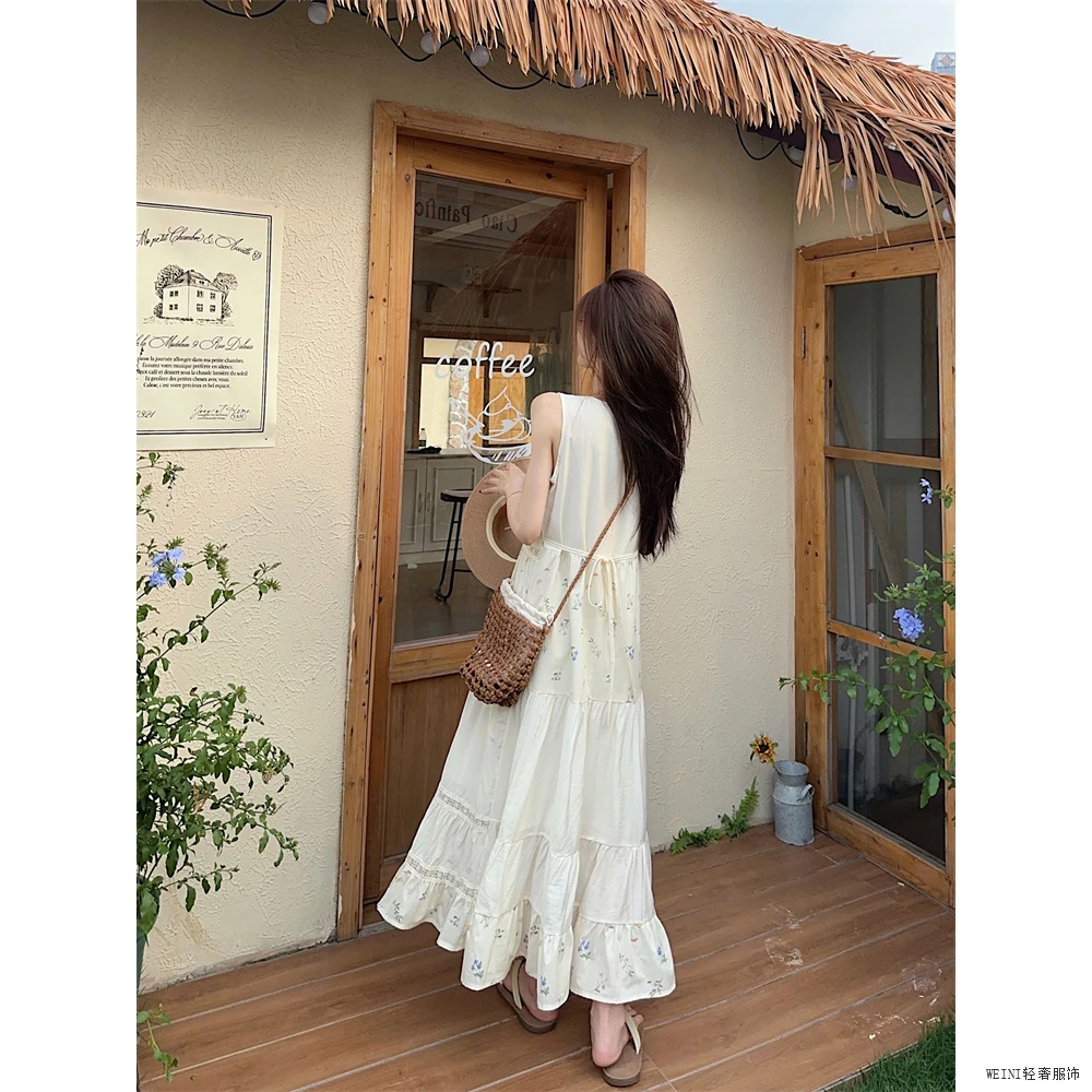 新款拼接连衣裙夏日小众设计感素雅印花长裙薄款时尚背心裙