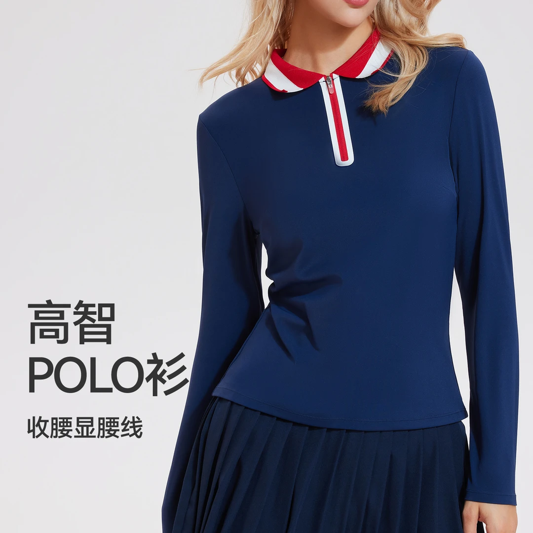 运动长袖女高弹速干健身polo衫修身高尔夫上衣网球秋冬羽毛球T恤