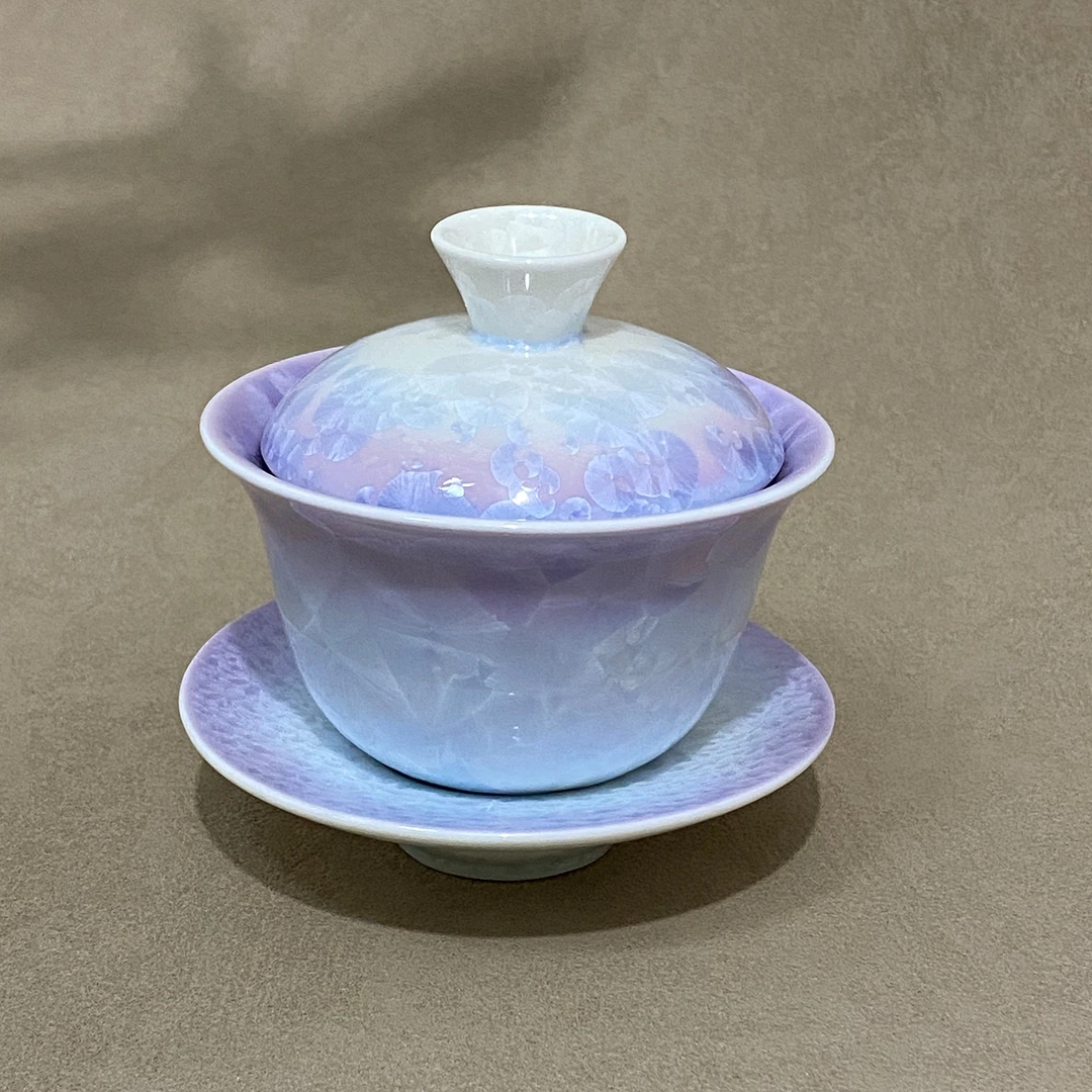 窑变结晶釉渐变紫三才盖碗陶瓷功夫茶具家用高档三件套女士泡茶碗