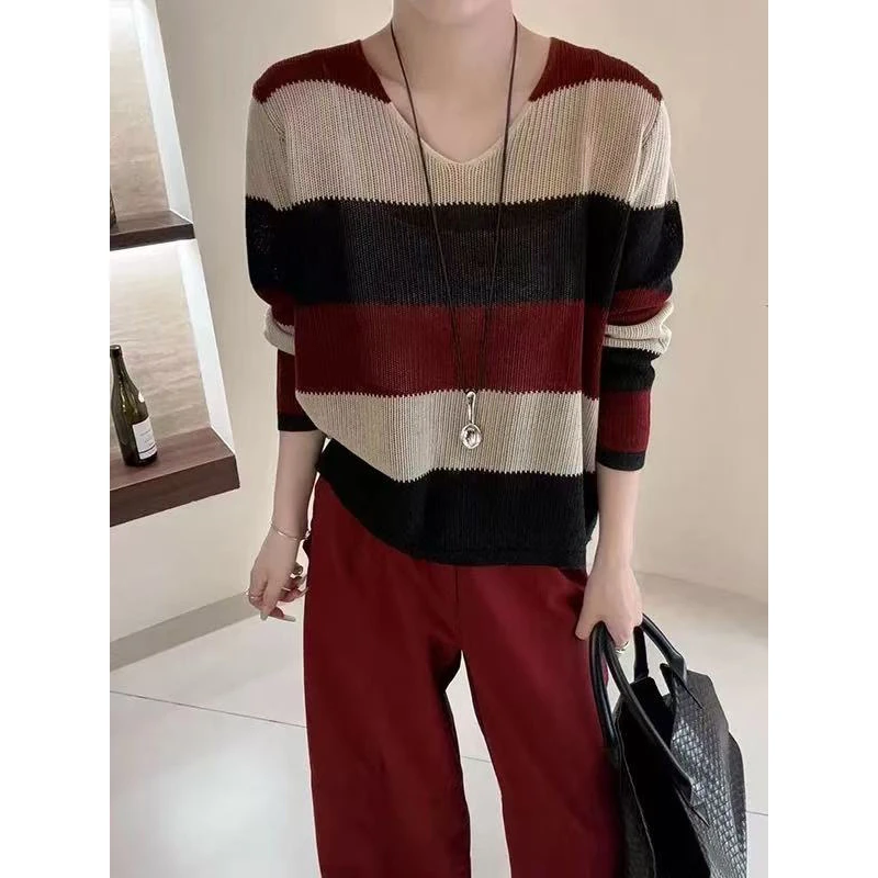 【丹姐家~枫叶红条纹~】早秋氛围感撞色条纹羊毛针织衫