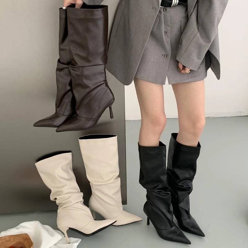 时尚欧美高跟靴温柔高级感尖头靴女气质细跟白色高筒褶皱堆堆靴