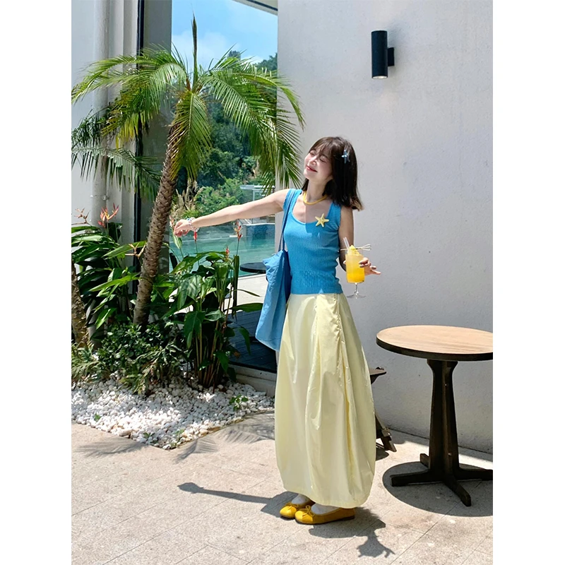 海边度假风套装蓝色U领修身背心女夏季高腰法式长裙半身裙两件套