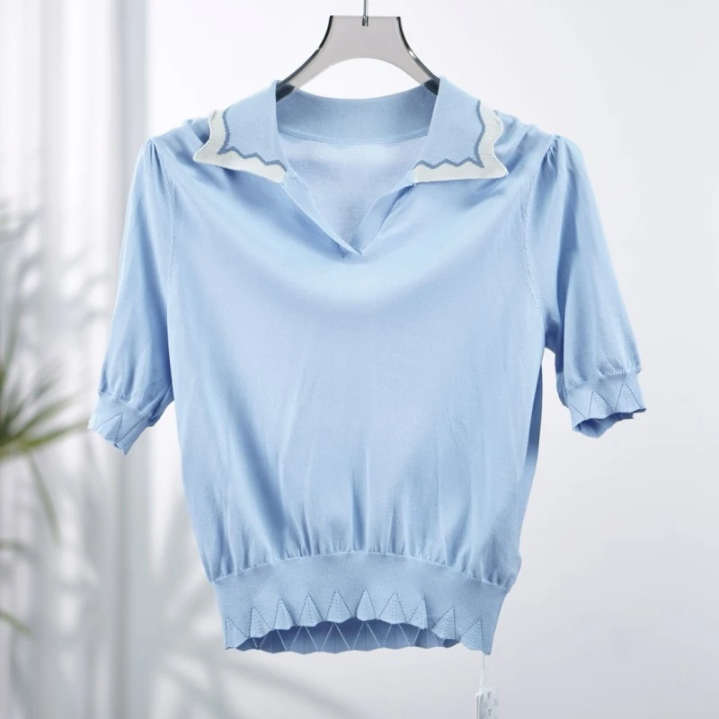 帕系列  Y170  女装领子撞色针织上衣蓝色8F3216011