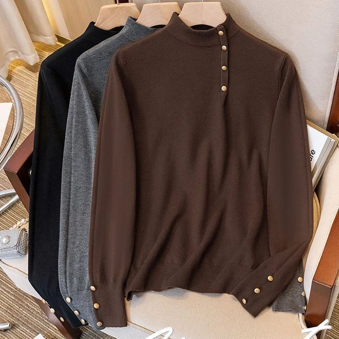 半高领纽扣设计针织打底衫宽松百搭洋气针织上衣女