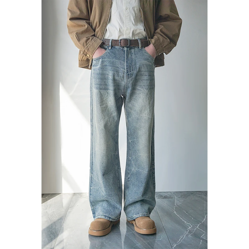 美式复古小众水洗微喇牛仔裤男高街显瘦直筒宽松休闲大理石纹裤子