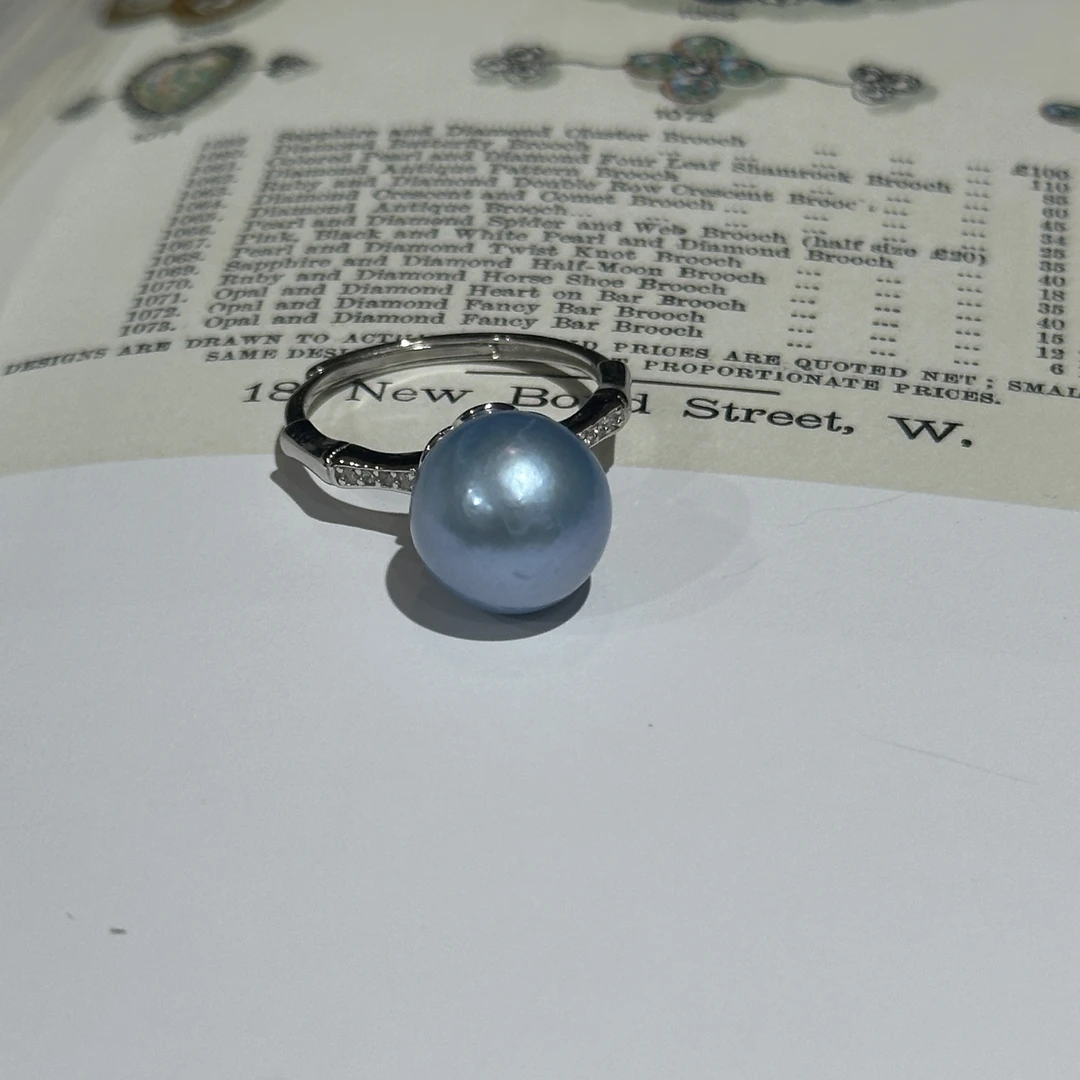 925银珍珠戒指 日本蓝色珠珠竹节戒托戒指 11mm左右 ZB251204