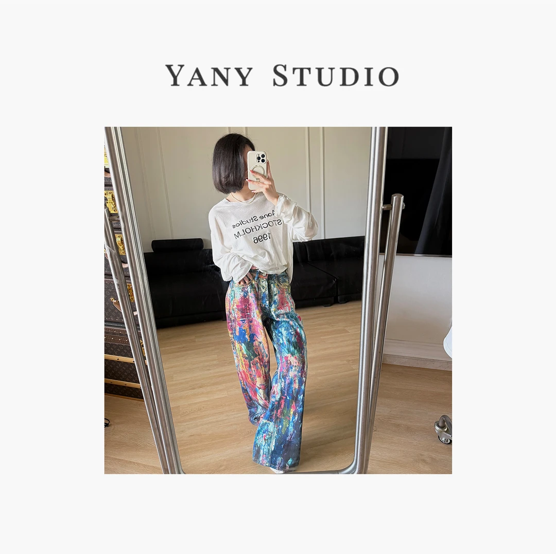 设计师潮牌时尚个性气质百搭减龄显瘦轻奢油彩牛仔3D打印彩绘中裤