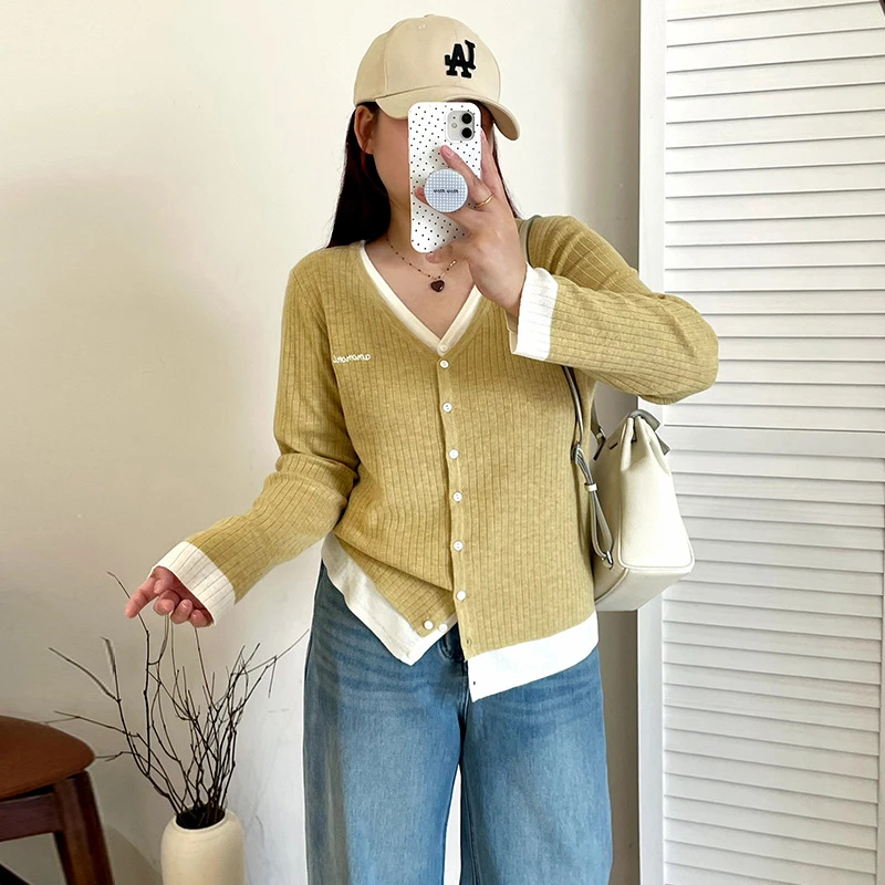 【涵胖胖】清*件撞色上衣女外套2025秋款胖mm宽松休闲针织开衫23159